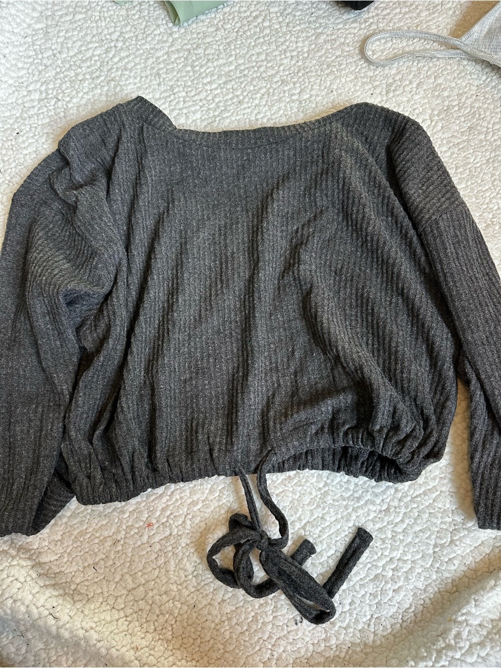 Charcoal Ribbed Drawstring Women’s Sweater Open Back